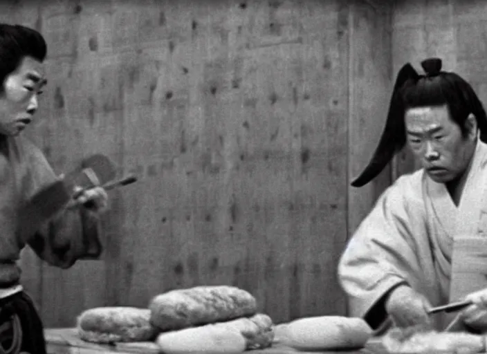 Prompt: a movie still of a samurai slicing a loaf of bread, a movie by Akira Kurosawa