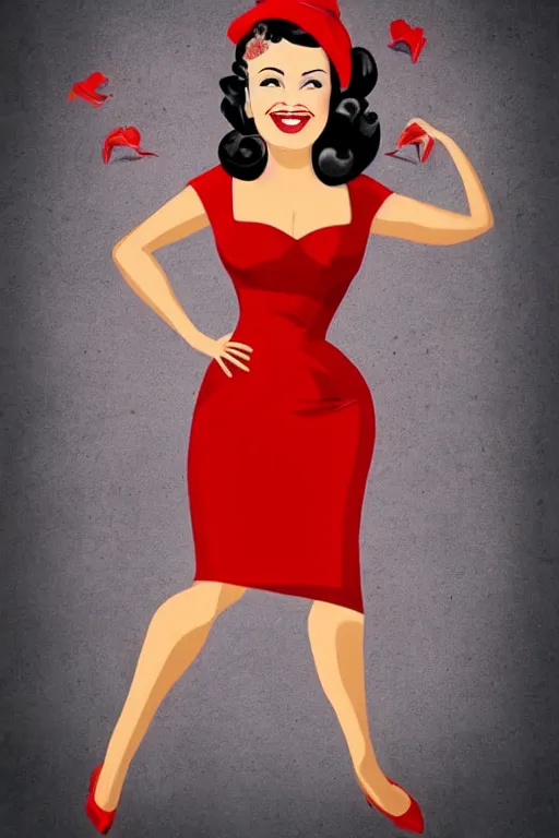 Image similar to a portrait of a beautifull woman, wearing a red dress,with a beautifull smile,in a bloe background. in american style pin up.anatomically correct