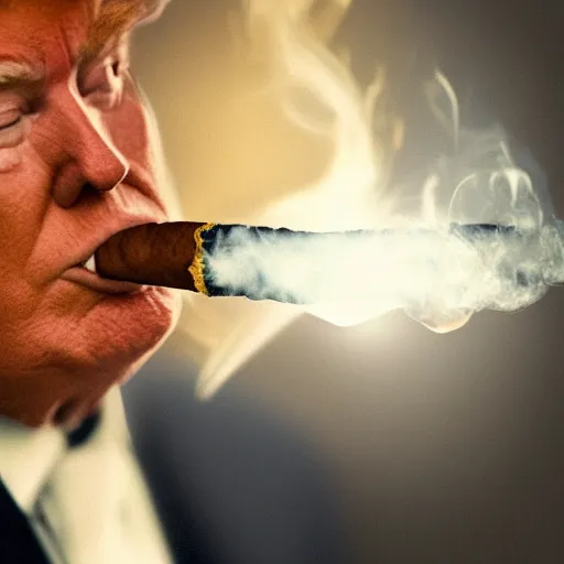 Image similar to a high detail photo of donald trump smoking a cigarrette, subject= donald trump, subject detail: extremly detailed, subject action: smoking a cigar, photorealism, dramatic lighting, award winning photograph, trending on artstation