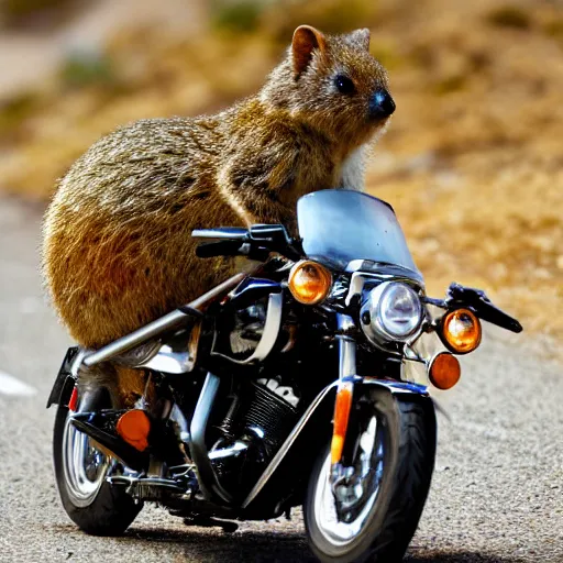 Prompt: a quokka riding a Harley Davidson motorbike. Award winning photography. HD. 8K