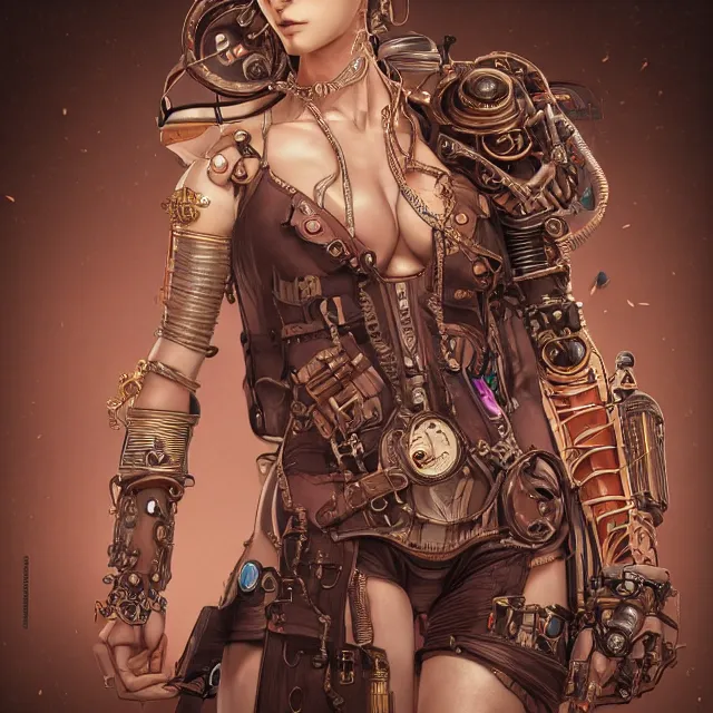 Image similar to the portrait of true neutral semi - colorful female steampunk cyborg mechanist as absurdly beautiful, gorgeous, elegant, young swimsuit model, an ultrafine hyperdetailed illustration by kim jung gi, irakli nadar, intricate linework, bright colors, octopath traveler, final fantasy, unreal engine 5 highly rendered, global illumination, radiant light, detailed and intricate environment