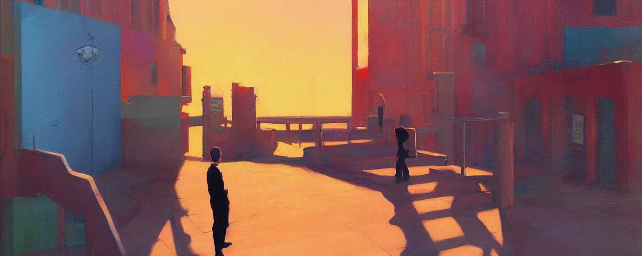 Image similar to A simplistic oilpainting of neo brutralism, a long stairway up, concept art, colorful, vivid colors, sunrise, warm colors, light, strong shadows, reflections, cinematic, 3D, in the style of Akihiko Yoshida and Edward Hopper