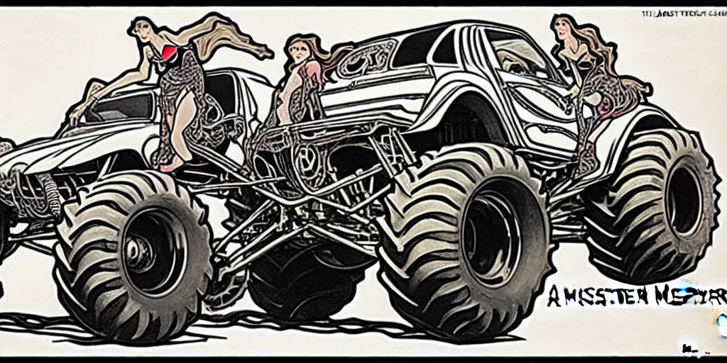 Image similar to monster truck rally, Alphonse Mucha