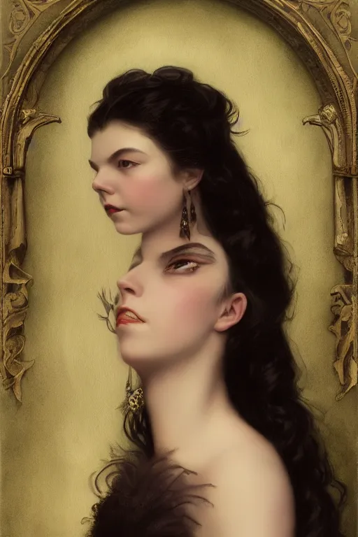 Image similar to a portrait of an elegant beautiful dark bohemian vampire woman, smooth face, glamour shot, (Anya Taylor-Joy), bored, illustration, dramatic lighting, soft details, painting oil on canvas, art nouveau, octane render, HDR, 4k, 8k, HD, by Edmund Blair Leighton, Brom, Charlie Bowater, trending on artstation,