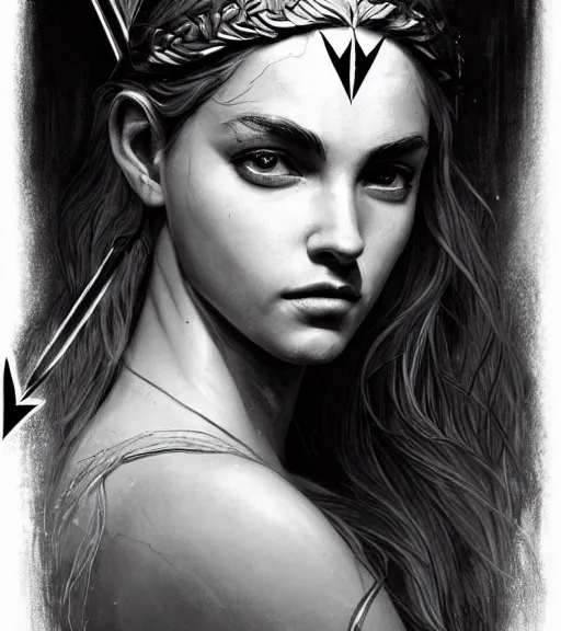 Image similar to beautiful aphrodite goddess wearing an arrow on her head, realistic face, beautiful eyes, black and white drawing, in the style of greg rutkowski, fantasy, amazing detail, epic, intricate, elegant, smooth, sharp focus