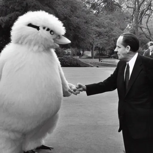 Image similar to Richard Nixon being secretly photographed meeting Big Bird in a park, cia, black and white photo, photorealistic