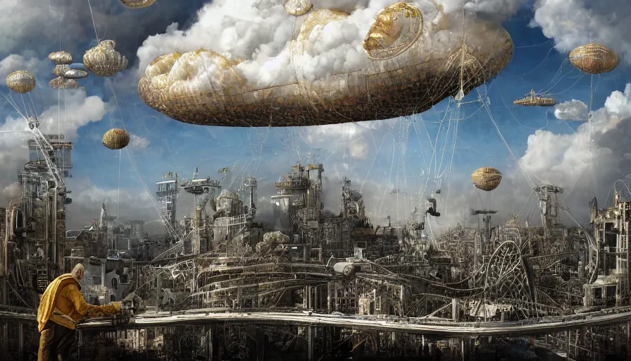 Image similar to an inflated stainless steel chrome gondola in the clouds, people are hanging by steel cables. Oil rigs in the sky. Intricate technical drawing. Digital art. Mammatus clouds. Ornate, brilliant, utopian, detailed, Golden ratio, solarpunk technology by Lebbeus Woods and Craig Mullins