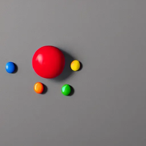 Prompt: a single red m & m candy with white arms and legs, a red sphere