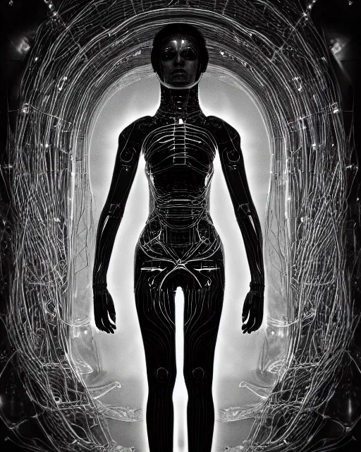 Image similar to black and white artistic photo, young female cyborg - plant goddess, microchip, artificial intelligence, bio - mechanical bio - luminescence, black wired cables, cinematic, rim light, photo - realistic, 8 k, in the style of dora maar and h. g. giger