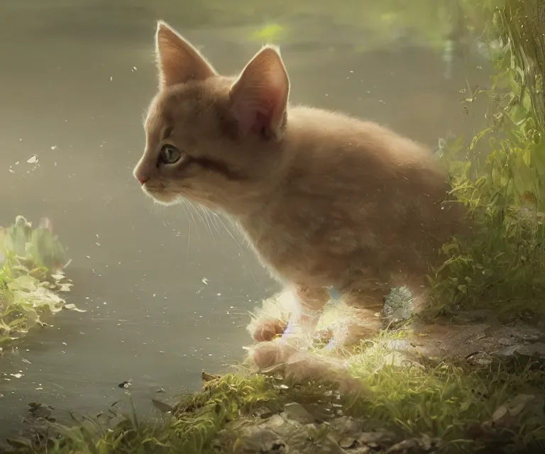 Prompt: a painting of a cute light beige brown kitten at a river. character design by cory loftis, fenghua zhong, ryohei hase, ismail inceoglu and ruan jia. volumetric light, detailed, rendered in octane