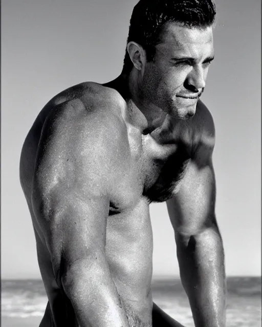 Prompt: handsome man on the beach, bird's - eye view, herculean, bulging muscular figure, beautiful gigachad, soft lighting, highly detailed face, sharp focus, photo by herb ritts