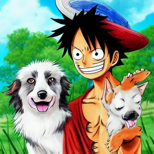 Image similar to luffy from one piece with an australian shepard, on artstation