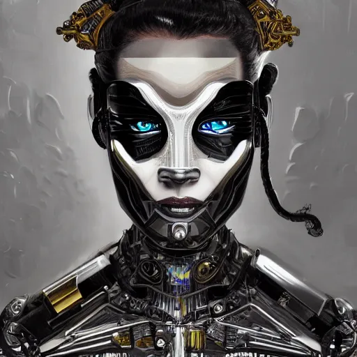 Prompt: vibrant portrait of beautiful black onyx cyborg woman by sandra chevrier laurie greasley gustave dore ron english, cybernetics, low contrast, cinematic dramatic lighting, hyper realistic detailed intricate render, hypermaximalist, ornate, epic composition, 4 k 8 k, cryengine octane, sharp focus, concept art, masterpiece