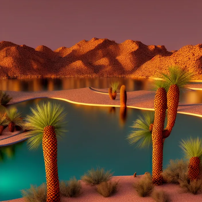 Prompt: hyper realistic, high detail photo of desert oasis, beautiful, dreary lighting