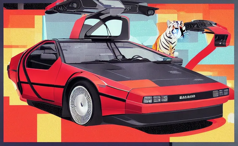 Image similar to a red delorean with a yellow tiger, art by hsiao - ron cheng & shinya edaki in a magazine collage style, # de 9 5 f 0