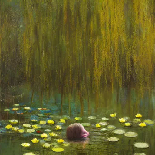 Prompt: painting of a beautiful nymph bathing in a shallow pond, obscured by water lilies, aspen grove in the background, by Jeremy Mann, stylized, detailed, loose brush strokes, pastel colors, green and yellow tones