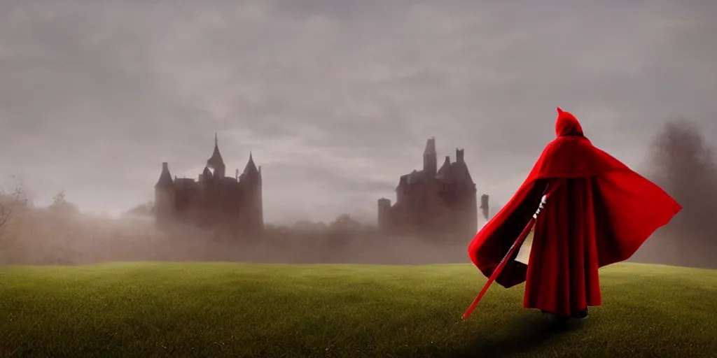 Prompt: a cat knight with red cape facing towards a formidable castle in the distance, fog, beautiful, fantasy, hyper realistic, dramatic lighting, cinematic, 35mm lens, 8k,