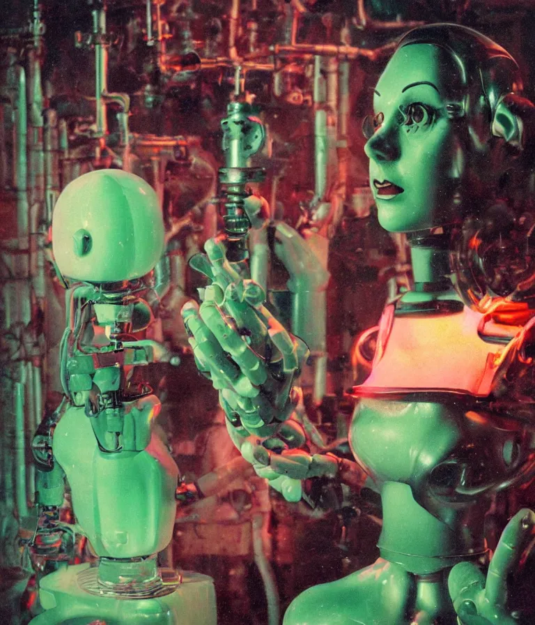 Image similar to a female mad scientist woman building a humanoid robot - man, in a darkly lit laboratory room, 1 9 5 0 s horror movie poster style, ( norman rockwell oil painting ), tight shot, close - up shot, retro science fiction, vintage, saturated pink and green lighting, shadowy lighting, cohesive