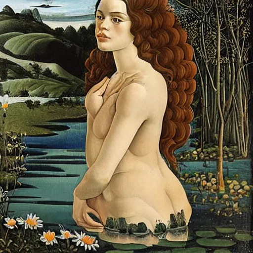 Image similar to sandro botticelli painting of daisy ridley as venus in a lush pond