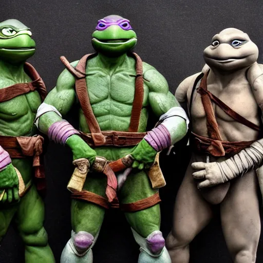 Image similar to teenage mutant ninja turtles as a sculpture from the renaissance made of white marble, high details, cinematic, photorealistic