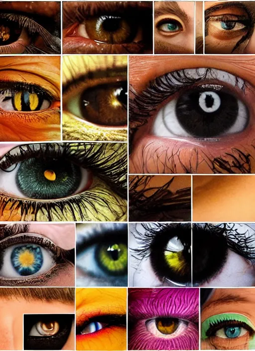 Image similar to grid montage of eyes, square dilated pupils, swuare irises, detailed colored textures, eyelashes, advanced art, art styles mix, from wikipedia, wet reflections in eyes, sunshine light, hd macro photograph, from side, various eyelid positions, square black pupil centered