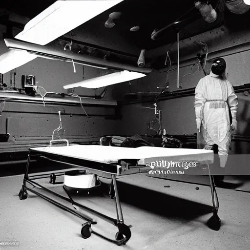 Image similar to secret underground lab where an experiment is performed on an alien body lying on a surgical table, top secret, data deleted, high detail 1 9 6 5 s