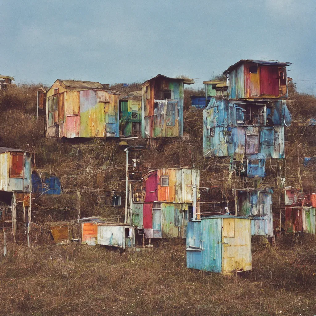 Prompt: two suspended towers made up of colourful makeshift squatter shacks with faded colours, plain uniform sky at the back, soft focus, mamiya rb 6 7, f 1. 8, photographed by uta barth