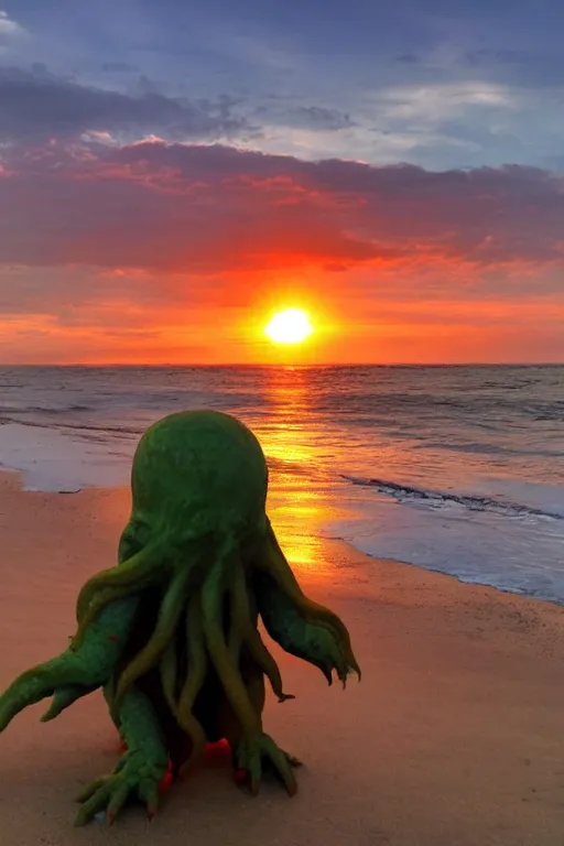 Prompt: Cthulhu photobombing a romantic selfie on a beach at sunset