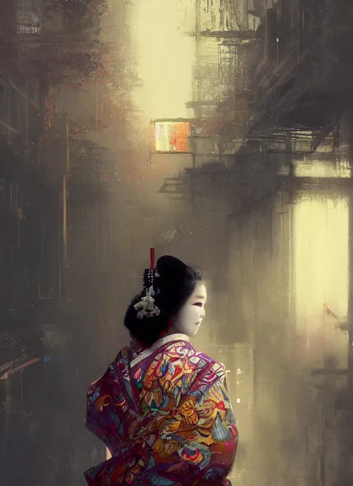 Image similar to female geisha girl, beautiful face, colourful, rule of thirds, intricate outfit, spotlight, by greg rutkowski, by jeremy mann, digital painting