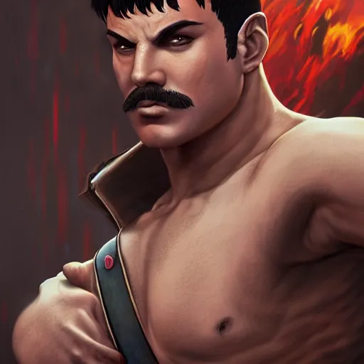 Image similar to freddy mercury as ryu street fighter, full body shot, face detail, ultra realistic, concept art, intricate details, highly detailed, photorealistic, octane render, 8 k, unreal engine, art by frank frazetta, simon bisley, brom