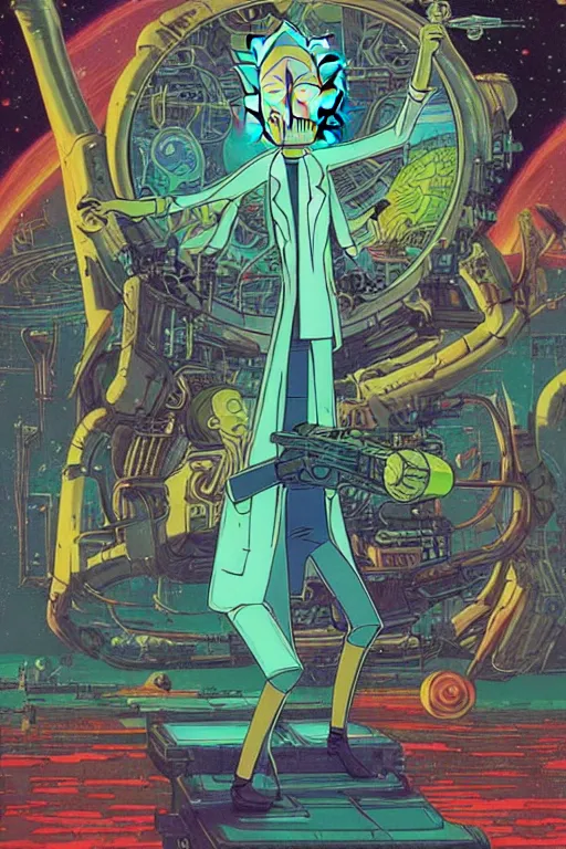 Image similar to Rick and Morty, science fiction, retro cover, high details, intricate details, by vincent di fate, artgerm julie bell beeple, 60s, inking, vintage 60s print, screen print