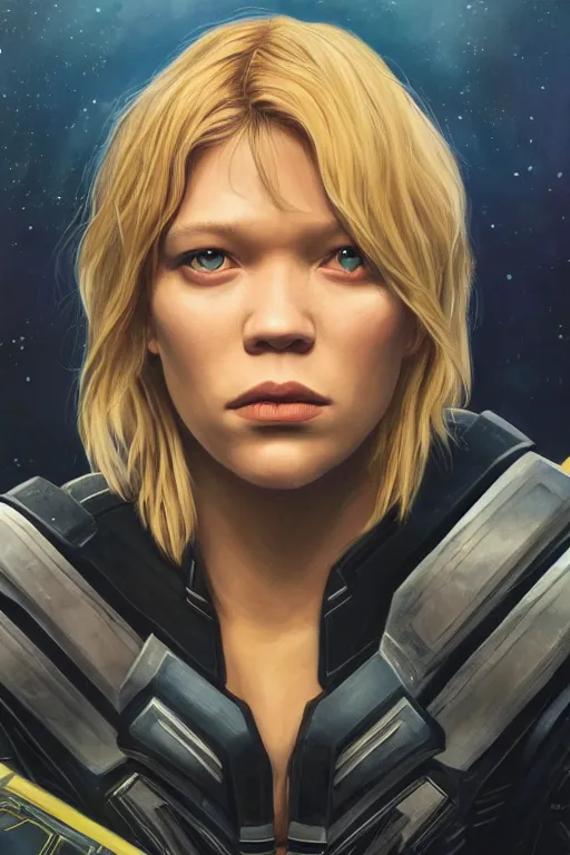 Prompt: a striking painting of Léa Seydoux as 2000AD Judge Anderson, strong lighting, ultra realism, highly detailed, trending on artstation, 4K, HD, oil on canvas