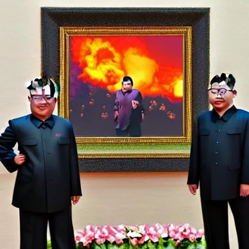 Prompt: nuclear explosion with kim jong un standing in the background