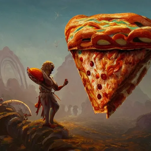 Image similar to ultra realistic illustration of giant made of pizza, pizza body, intricate, fantasy italy, epic landscape, highly detailed, digital painting, artstation, concept art, smooth, sharp focus, illustration, art by tim mcburnie and conar cross and anato finnstark