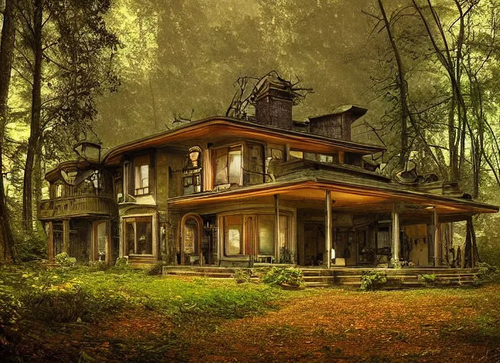 Prompt: house in a clearing in the middle of a large forest, beautifully lit, retro science fiction vintage art, steampunk