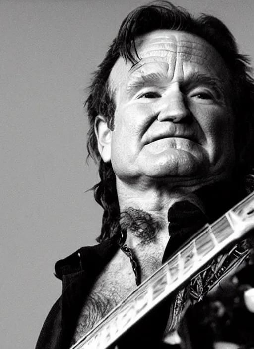 Image similar to promotional image of robin williams as a heavy metal singer, rugged black clothes, detailed face, movie still frame, promotional image, imax 70 mm footage