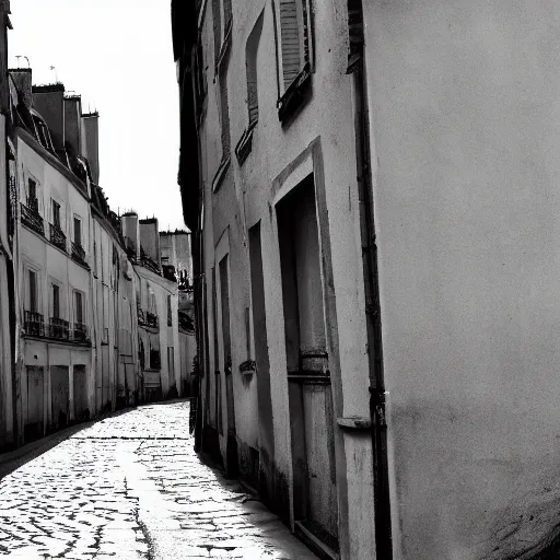 Prompt: Une photo professionnelle en noir et blanc de plusieurs chats noirs dans une ruelle de Paris , deviantart, réalisme, tendance sur artstation, éclairage volumétrique, ray tracing, 8k