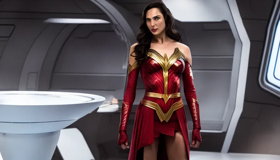 Image similar to Gal Gadot, wearing command red, is the captain of the starship Enterprise in the new Star Trek movie