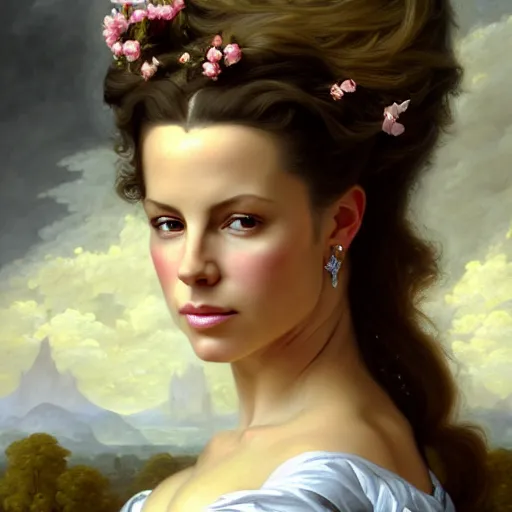 Prompt: A fantasy style portrait painting of Kate Beckinsale, in the style of François Boucher, Oil Painting, hyperrealistic, render, Regal, Refined, Detailed Digital Art, RPG portrait, Michael Cheval, William-Adolphe Bouguereau, dynamic lighting, Highly Detailed, Cinematic Lighting, Unreal Engine, 8k, HD, octane render