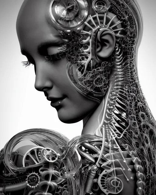 Image similar to mythical dreamy black and white organic translucent bio-mechanical spinal ribbed profile face portrait detail of mechanical beautiful female angelic-human-doll-cyborg, highly detailed, intricate crystal jelly steampunk ornate, poetic, 3D render, digital art, octane render, 8K artistic photography, photo-realistic, by Dora Maar