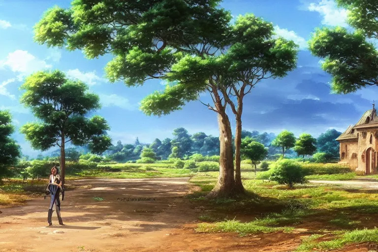 Image similar to Very beautiful painting by City Hunter anime backgrounds HD and Toei animation backgrounds, a beautiful landscape of the french countryside, nice lighting, soft and clear shadows, low contrast, perfect