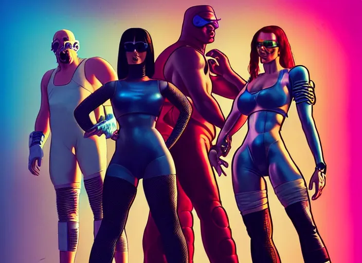 Image similar to cyberpunk wrestling team. portrait by stonehouse and mœbius and will eisner and gil elvgren and pixar. character design. realistic proportions. cyberpunk 2 0 7 7 character art, blade runner 2 0 4 9 concept art. cel shading. attractive face. thick lines. the team. diverse characters. artstationhq.