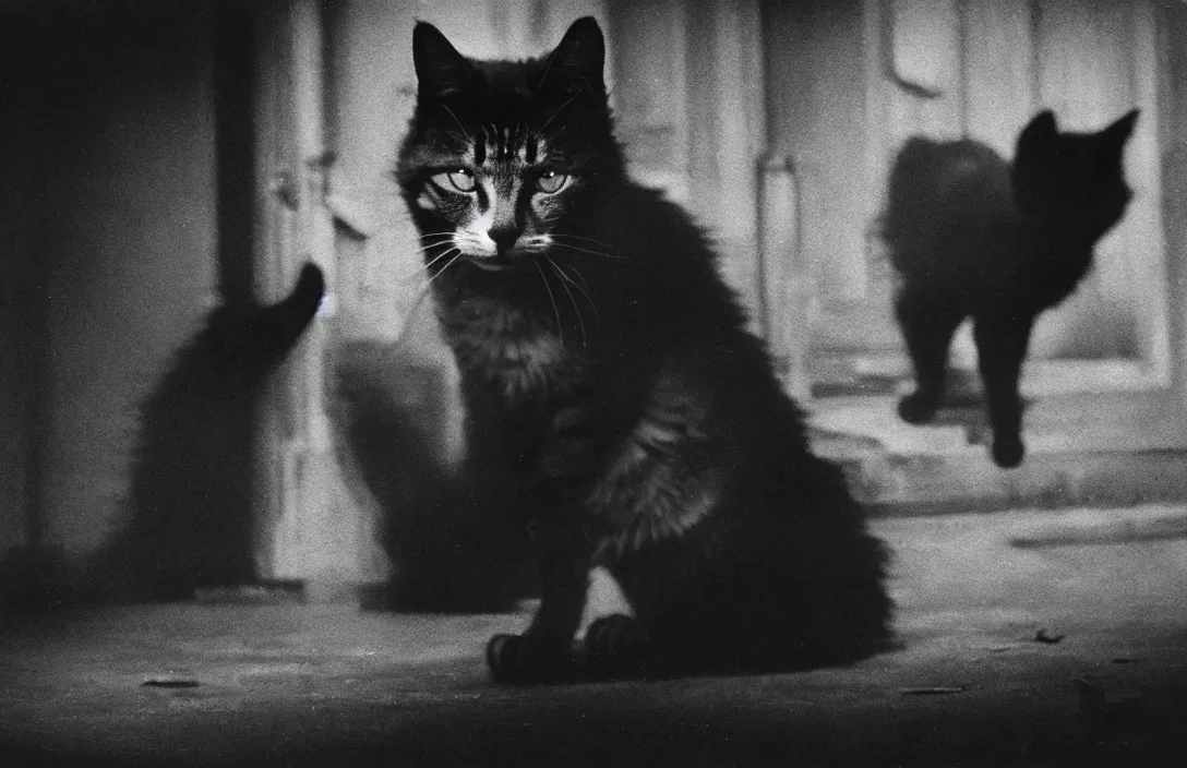 Image similar to wanders in disconsolate disarray half - eaten cat a romantic approach gun camera footage intact flawless ambrotype from 4 k criterion collection remastered cinematography gory horror film, ominous lighting, evil theme wow photo realistic postprocessing 8 k hyper real photo imax rectilinear lens pieter s aenredam