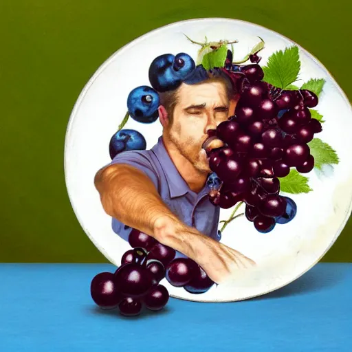 Image similar to a man eats black currants in a plate, hyper realistic, hyper detailed, cfg _ scale 1 5