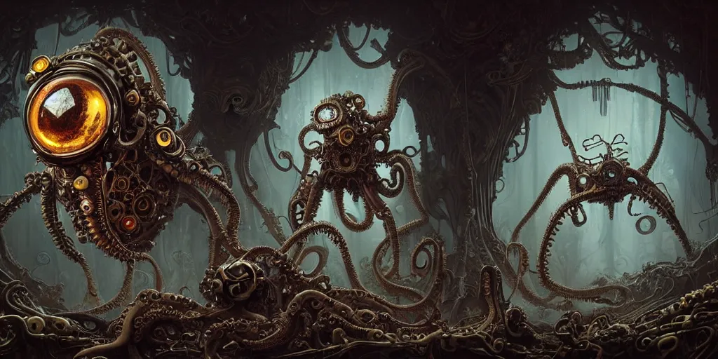 Image similar to biomechanical steampunk creature with robotic parts and big octopus head and (glowing) eyes guarding an ancient lush cave in a mystic forest, gothic and baroque, brutalist architecture, ultradetailed, creepy ambiance, fog, artgerm, giger, Intricate by Ellen Jewett and Josan Gonzalez and Giuseppe Arcimboldo