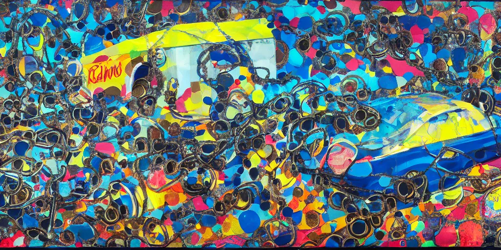 Prompt: car wash, big chain, collage, acrylic on canvas, expressionism movement, breathtaking detailed, by blake neubert