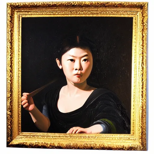 Prompt: jakie chan portrait in medusa by caravaggio style painting oil