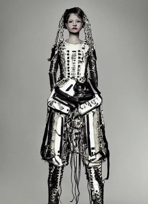 Image similar to a portrait by nick knight of a russian girl detailed features wearing a cargo wedding dress - lots of zippers, pockets, synthetic materials, jumpsuits chic'techno fashion trend by balenciaga