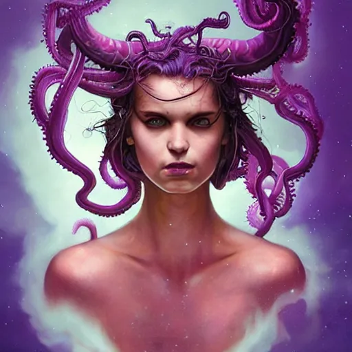 Image similar to art portrait of a furious girl with think, hair-like purple tentacles on her head and bright purple eyes, 8k,by tristan eaton, Stanley Artgermm,Tom Bagshaw,Greg Rutkowski,Carne Griffiths,trending on DeviantArt, face enhance,hyper detailed ,full of colour,