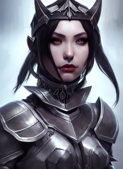 Image similar to full plate armor!!! beautiful and elegant dark hair female orc!! gorgeous ayes!! character concept art, sharp focus, octane render! unreal engine 5! highly rendered!! trending on artstation!! detailed linework!! illustration by artgerm, wlop, and chie yoshii